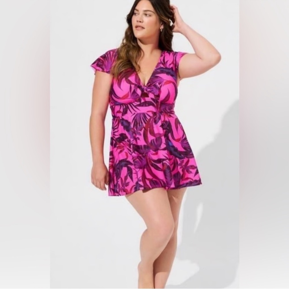 Torrid Tropical Print Swim Dress, hot pink, electric blue, Size 3 (22/24)